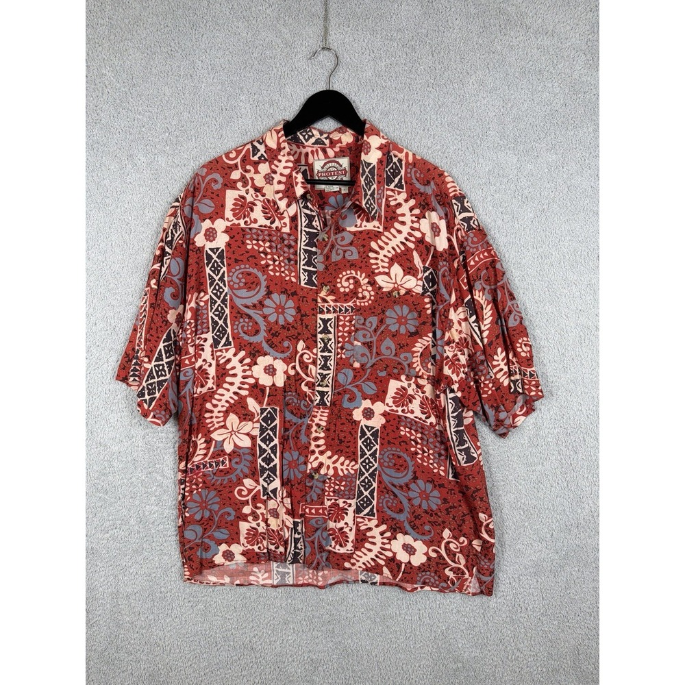 Protest Mens L‎ Red Abstract Print Short Sleeve Button Up Shirt 100% Rayon